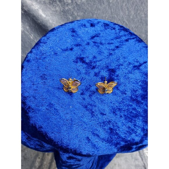 vintage gold tone open mesh butterfly w/floral design inside wings earrings - Picture 4 of 4